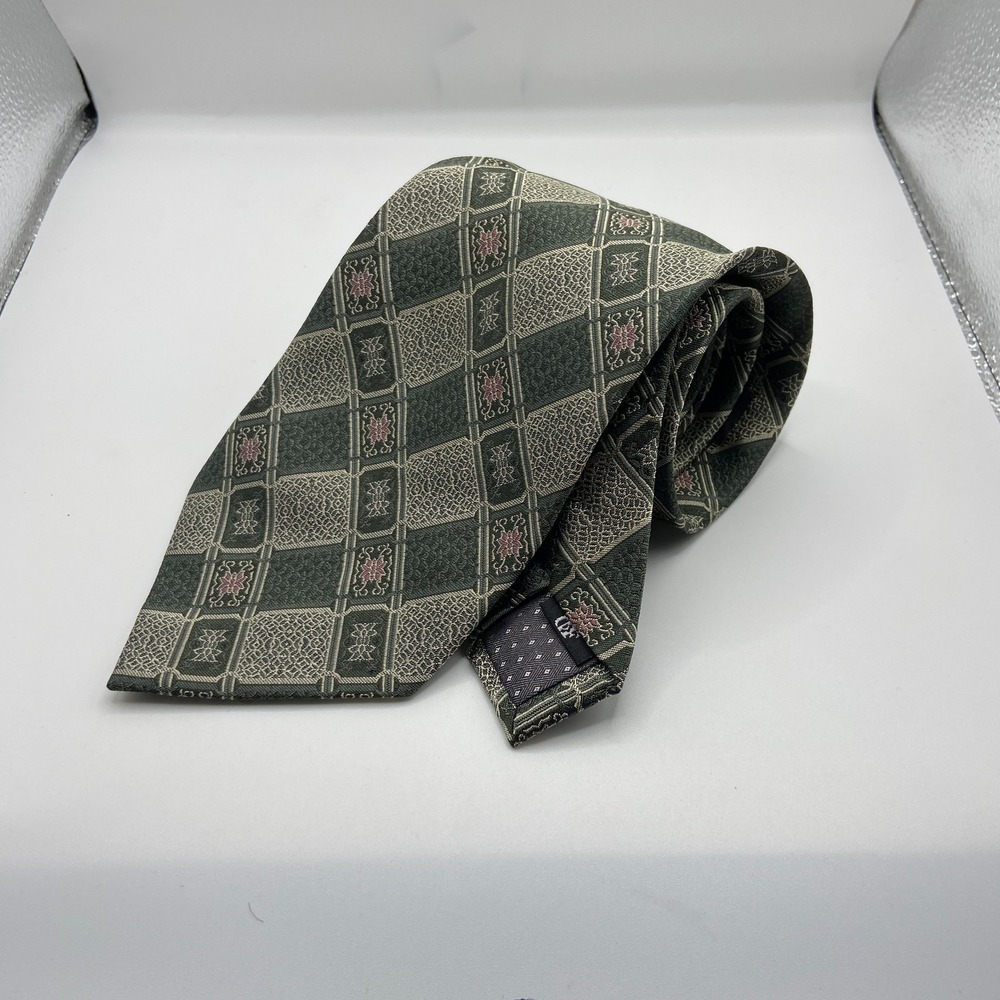 Kenneth Roberts Platinum Designer Necktie Men Green Geometric Floral Silk Formal